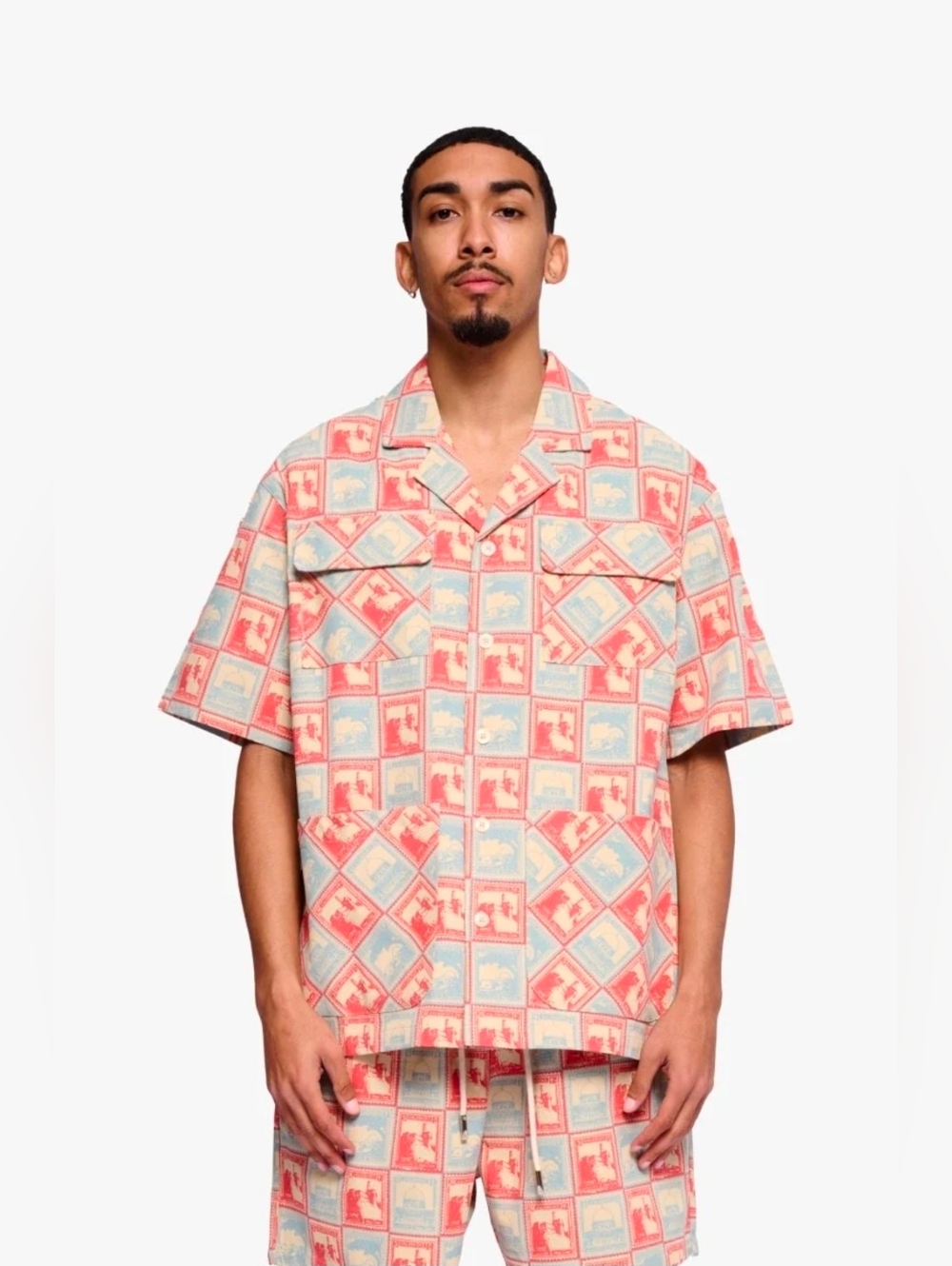 NEW!! Valabadas Casual Short-Sleeve Button-Down Shirt in Coral & Light Blue, NWT